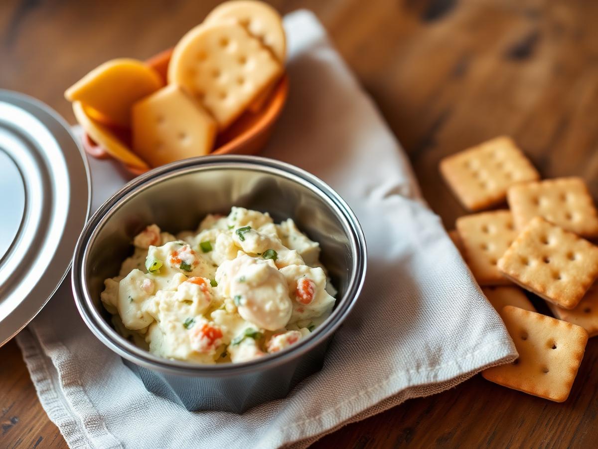 Travel egg salad packed in a stainless steel container with crackers