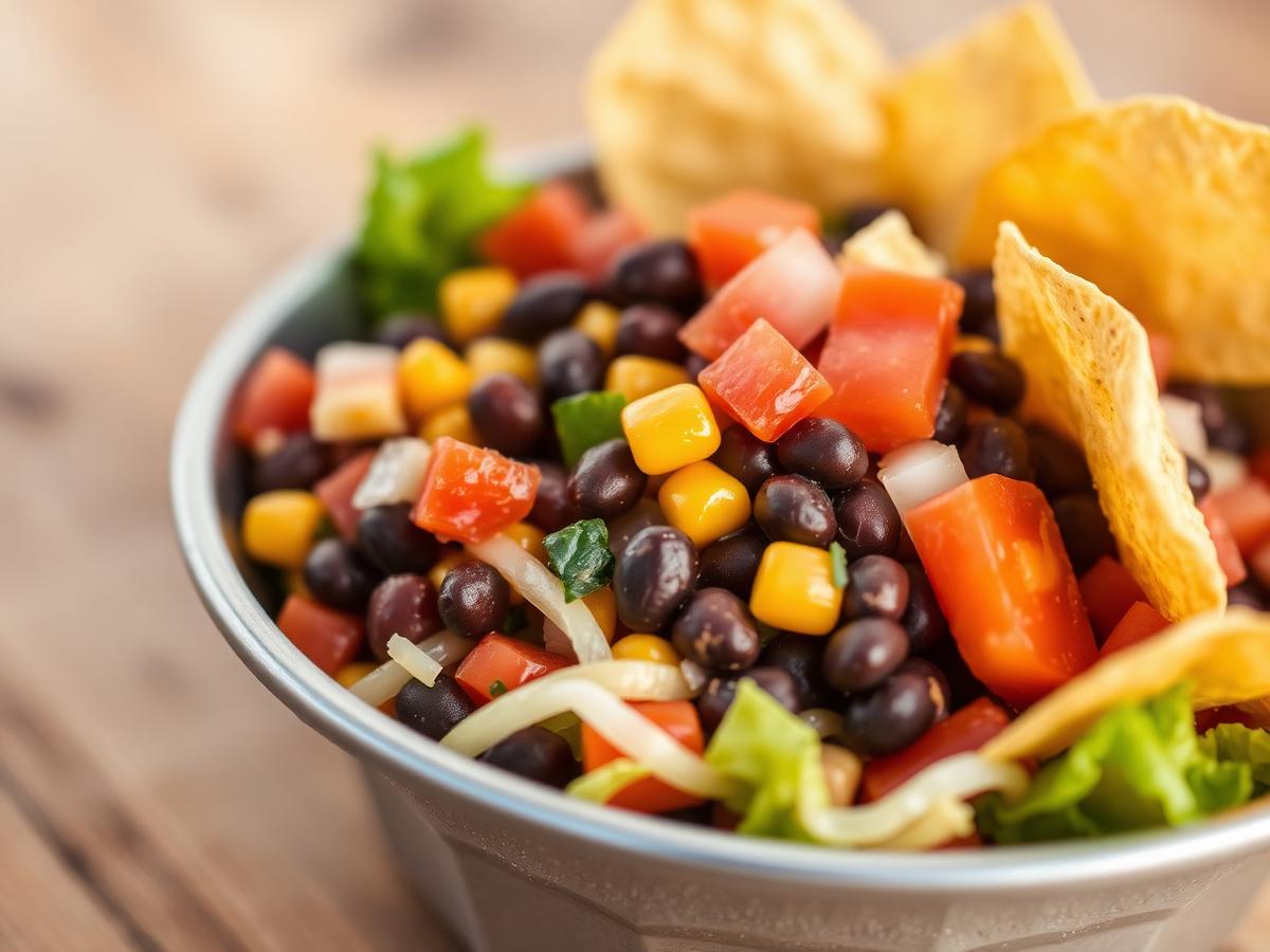 Vegetarian taco salad in a portable bowl with black beans, corn and tortilla chips