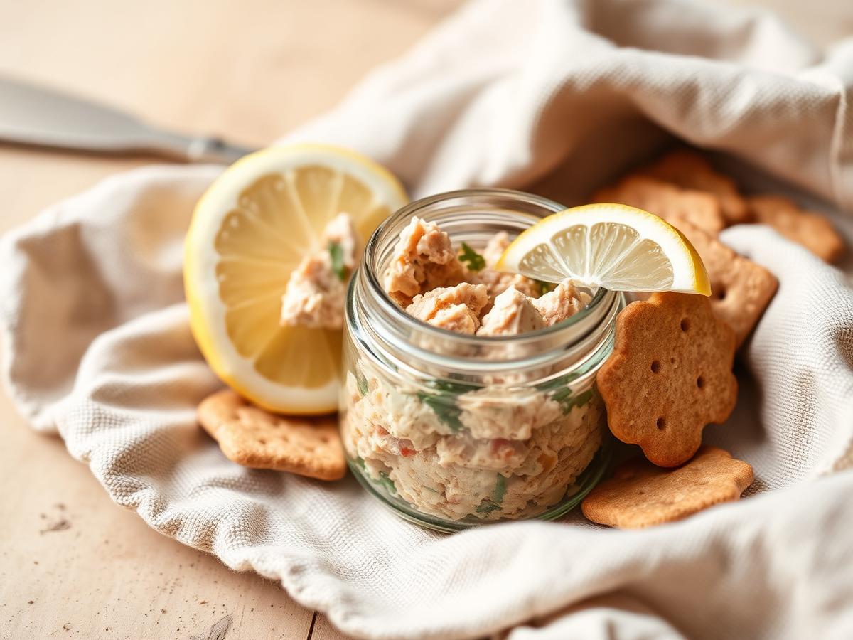 No-cook tuna salad in a glass travel jar with crackers and lemon